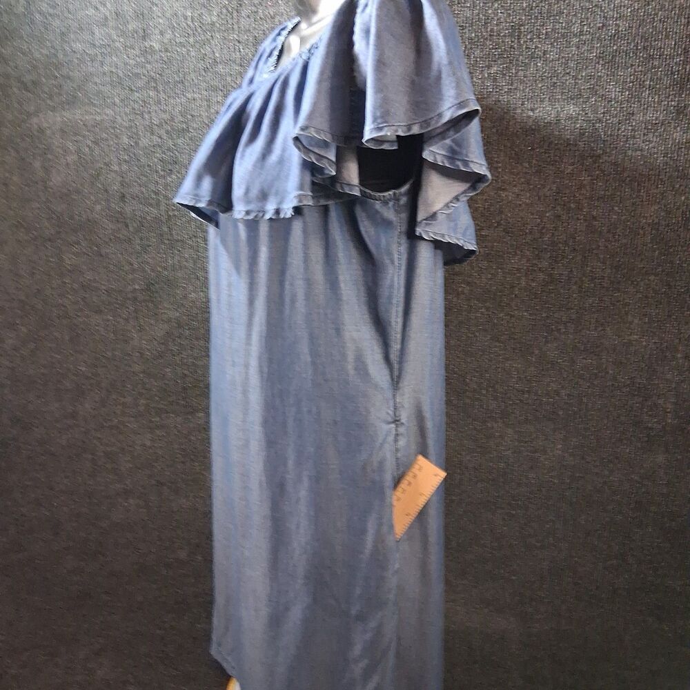 Tommy Bahama Blue Tencel Chambray Ruffle Off Shoulder Mini Dress Size S Pockets - Picture 4 of 6
